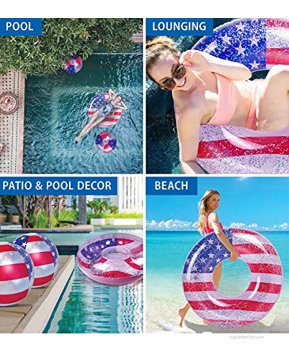 POZA Inflatable Pool Float Tube Luxurious Fun Lounger Filled with Sparkle Silver Stars Confetti Cool USA Flag Design Water Swimming Ring Pool Floaties for Beach Lake & Pool 36 Inch USA Flag