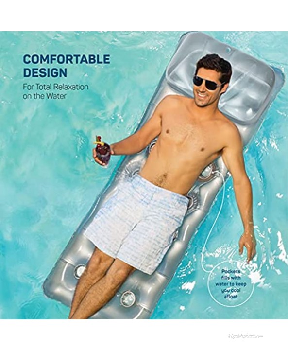 SEWANTA Inflatable Pool Lounger 74” X 28” Pool Floats with Headrest 18-Pocket Suntanner Lounge Grey Color. Silver Bottom Clear Top Inflatable Pool Rafts for Adults Bundled Duckie