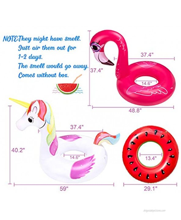 3PCS Pool Floats Adult Set Unicorn + Flamingo + Watermelon Inflatable Beach Floaties Swimming Ring Toys for Adults Kids 8-12,Teenager Water Party Supplies