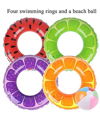 4Pcs Swimming Rings with Beach Ball Inflatable Pool Floats for Kids Adults Fruit Pool Float Swim Tube Ring Inflatable Pool Floats Swim Pool Party Inner Tube Toys for Summer Beach Water Float Party