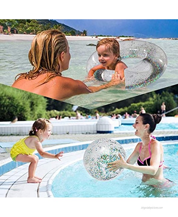Amor 40 Inch Inflatable Glitter Pool Float Tube with Ball Glitter Beach Swimming Ring Summer Pool Party Decorations for Adult Kids