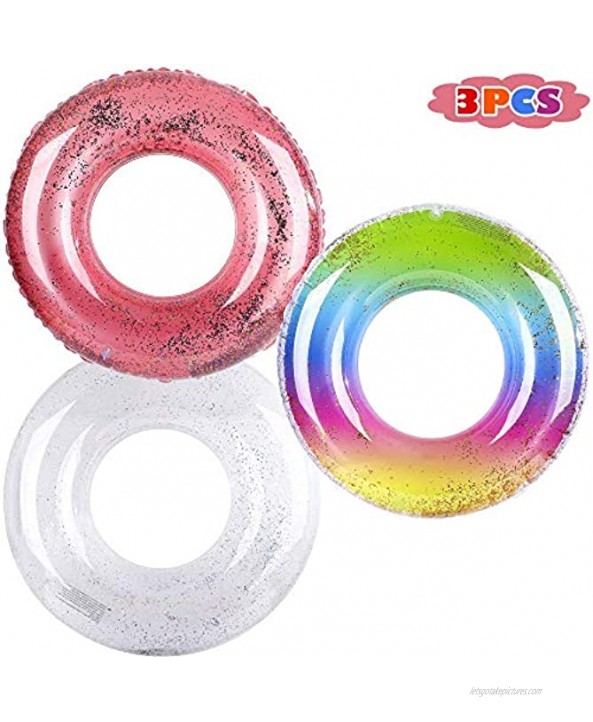 FiGoal 3 Pack Inflatable Pool Float Glitter Swimming Pool Ring Funny Pool Tube Toys for Summer Water Parties Outdoor Water Activities