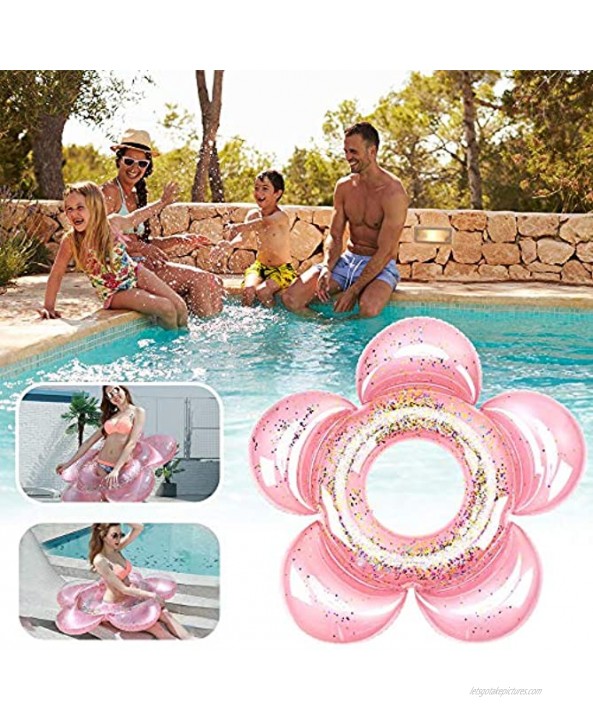 HeySplash Inflatable Swim Rings with Glitter Flower Shaped Summer Swimming Pool Float Loungers Tube Water Fun Beach Party Toys for Kids Rose Gold