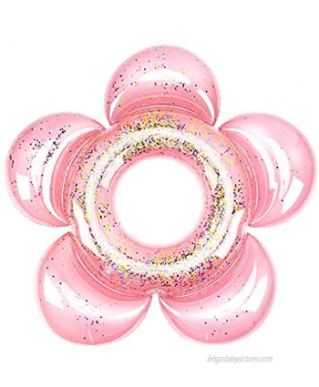 HeySplash Inflatable Swim Rings with Glitter Flower Shaped Summer Swimming Pool Float Loungers Tube Water Fun Beach Party Toys for Kids Rose Gold