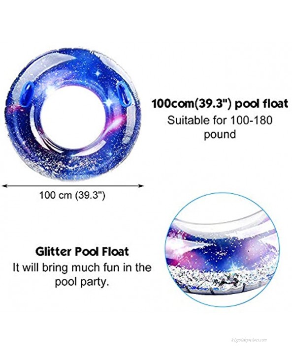 IAMGlobal Glitter Pool Float Inflatable Blue Swim Ring with Handle Colorful Swim Party Toys Party Lounge Raft Swimming Float Beach Floatie for Fun 39.3