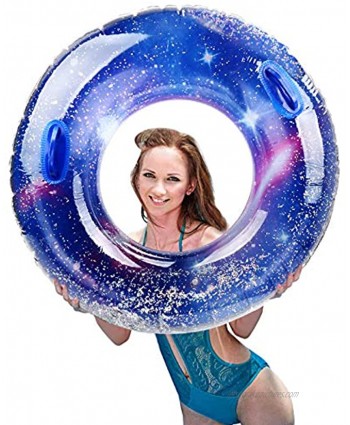 IAMGlobal Glitter Pool Float Inflatable Blue Swim Ring with Handle Colorful Swim Party Toys Party Lounge Raft Swimming Float Beach Floatie for Fun 39.3"