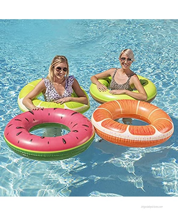 Inflatable Fruit Pool Floats 4PCS Watermelon Kiwi Orange Lemon Swimming Rings Pool Tubes Pool Floaties Water Toys Beach Swimming Outdoor Party Toys for Kids Adults