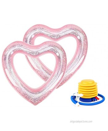 Inflatable Swim Rings Swimming Pool Float Ring Inflatable Pool Summer Water Fun Beach Pool Rose Gold Glitter Float Loungers Tube Photo Supplies Party Toys for Kids Adults 2 pcs +1 Pump