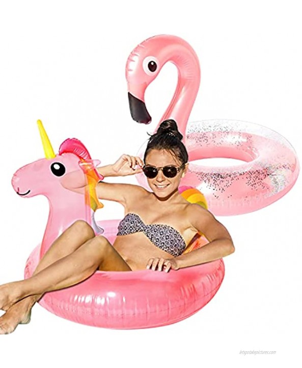 Parentswell Inflatable Flamingo&Unicorn Pool Floats Swim Tube Rings 2 Pack Inflatable Floaties Pool Tubes 46 Swimming Rings Fun Beach Summer Party Decoration Pool Lounge Toys for Kids & Adults