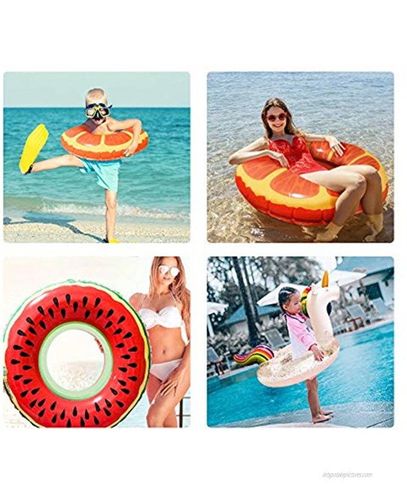 ZHIHAN Inflatable Pool Floats for Adults or Kids 4 Pack Unicorn Swimming Pool Party Toys with Glitter Fruit Pool Party Swim Tubes Rings Rainbow Summer Beach Ball for Fun with Easy Inflate Valve