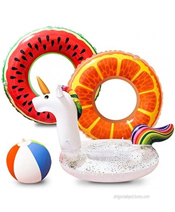 ZHIHAN Inflatable Pool Floats for Adults or Kids 4 Pack Unicorn Swimming Pool Party Toys with Glitter Fruit Pool Party Swim Tubes Rings Rainbow Summer Beach Ball for Fun with Easy Inflate Valve
