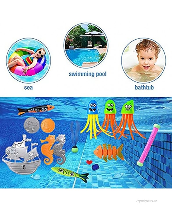 49pcs Diving Pool Toys Underwater Sinking Toys Summer Swimming Pool Game Sets Includes Diving Rings Sticks Bandits Diving Toy Balls Octopuses Fishes and Pirate Treasures for 8-12 Adult Kid Girl Boy
