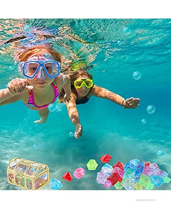 craftshou 60 Pieces Diving Gem Pool Toys 1 Pack Colorful Diamond Shaped Acrylic Gems with 2 Pcs Crystal Treasure Boxes Summer Underwater Swimming Toy for Kids Boys Girls