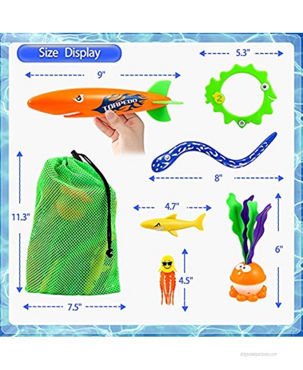 Diving Pool Toys for Kids 3-10 8-12 Summer Outdoor Water Toys Sets 18Pcs Included Pool Torpedo Diving Rings Sticks Shark Toys Storage Bag Swimming Pool Games for Toddlers Boys Girls Teens Adults