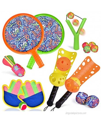FUN LITTLE TOYS Sports Outdoor Games Set with Scoop Ball Toss Toss and Catch Games Tennis Racket Sports Toy Slingshot Rocket Copters Water Toys for Kids 17 Pieces