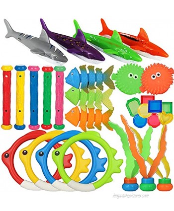 heytech 29 PCS Dive Toys Pool Toys Underwater Swimming Toys Diving Torpedos Diving Rings Diving Gems Diving Sticks Diving Fish Puffer Fish with Under Water Treasures Gift Set for Kids
