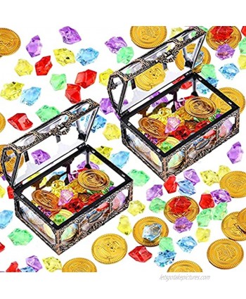 Jerify 102 Pieces Halloween Kids Pirate Treasure Chest Boxes Toys Gem Toys Set Games Gem Gold Coin Throw Toys Set for Halloween Partiy Games