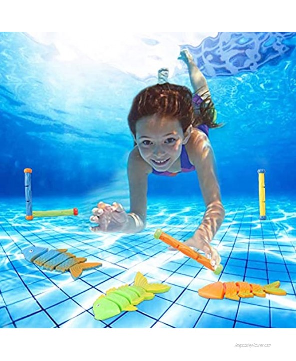 JOYIN 20 Pcs Diving Pool Toys Set with Bonus Storage Bag Includes 5 Diving Sticks 5 Diving Rings 5 Toypedo Bandits 5 Diving Fish Toys Underwater Sinking Swimming Pool Toy for Kids
