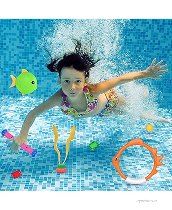 Pool Toys for Kids Toddler Pool Games with Toy Fish Rings 4 Pcs Diving Sticks 4 Pcs Toy Fish 3 Pcs Pool Toy Plants 3 Pcs & Pool Gems 12 Pcs Swimming Diving Toys