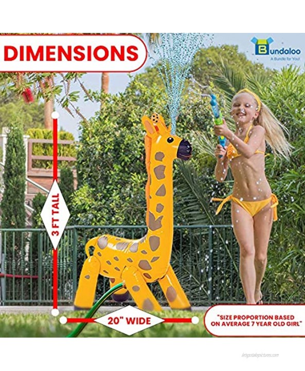 Bundaloo Inflatable Giraffe Sprinkler 3-Feet Tall Blow Up Animal Yard Toy Sprays Water from The Top Connects to All Garden Hoses Includes 4 Lawn Stakes Party Games & Gifts for Kids Ages 3+