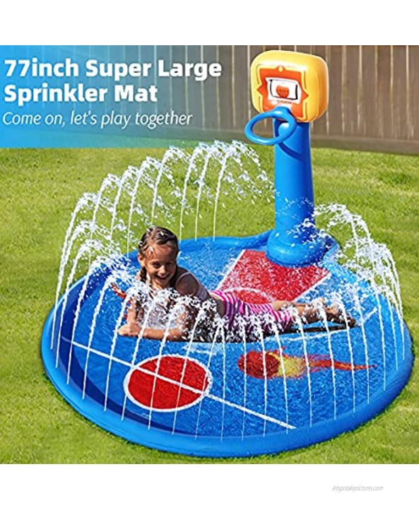 FORTY4 77 Large Splash Pad Sprinkler for Kids Toddlers with Inflatable Basketball Hoop & 2 Mini Basketball Summer Outdoor Water Play Mat Toys Gifts for 3-6 Year Old Girls Boys