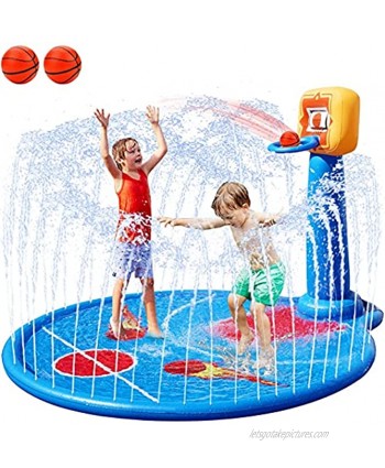 FORTY4 77" Large Splash Pad Sprinkler for Kids Toddlers with Inflatable Basketball Hoop & 2 Mini Basketball Summer Outdoor Water Play Mat Toys Gifts for 3-6 Year Old Girls Boys