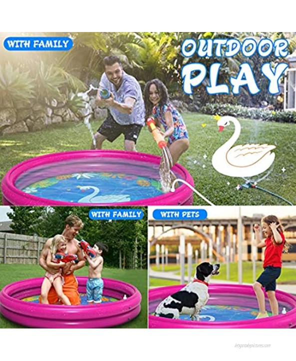 INNOCHEER Splash Pad & Sprinkler Swimming Pool for Kids Outdoor Play with 6 Feet Spray Jet Height Pink Swan Design 59x 8.5 Inflatable Kiddie Pool Summer Toys for Boys Girls 3+