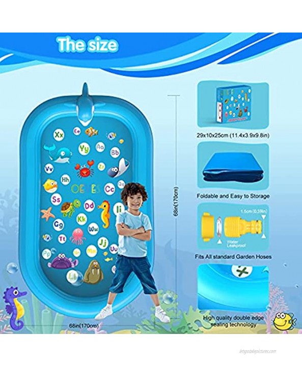 OEVES Inflatable Splash Pad Water Sprinkler Pool for Kids Toddlers Outdoor Play ,3-in-1 Upgraded Outside Water Toys for Baby ,Play Mat for 2 -12 Year Old Girls Boys,68x43in Wading Pool Dolphin