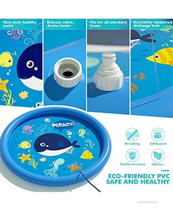 Peradix Sprinkler for Kids and Toddlers 68” Inflatable Water Splash Pad Backyard Baby Infant Splash Mat Outdoor Fountain Play Mat Water Toys for 2-12 Year Old Boys Girls