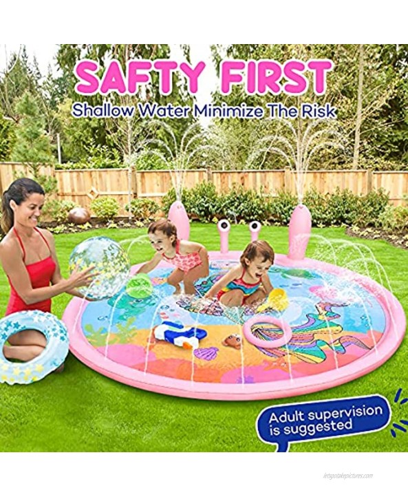 Splash Pad 70'' Sprinkler& Splash Play Mat for Kids with 4 Inflatable Toss Rings Baby Toddlers Shallow Wading Pool Summer Backyard Family Fun Outside Water Mat Toy for Boys Girls