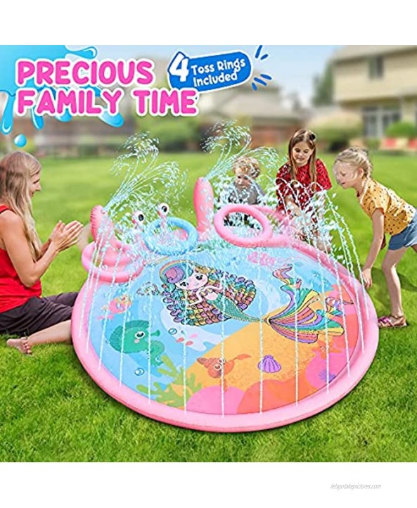 Splash Pad 70'' Sprinkler& Splash Play Mat for Kids with 4 Inflatable Toss Rings Baby Toddlers Shallow Wading Pool Summer Backyard Family Fun Outside Water Mat Toy for Boys Girls