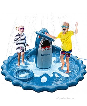 SuSenGo Splash Pads Sprinkler for Toddlers Large Size 74.8" Splash Mat Pool Kids Summer Outdoors Toys Inflatable Water Toys Stereo Shark
