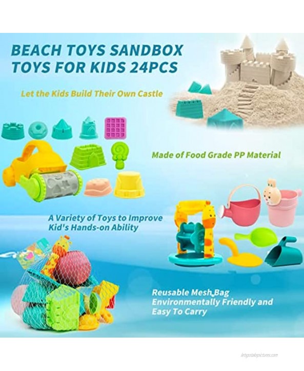 24PCS Beach Toys for Kids Sand Toys for Toddlers Sandbox Toys with Mesh Beach Bag Includes Sand Castle Toys Car,Bucket,Shovels Tool Kit Watering Can Outdoor Playsets for Toddlers Age 1＋