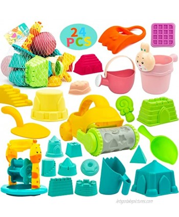 24PCS Beach Toys for Kids Sand Toys for Toddlers Sandbox Toys with Mesh Beach Bag Includes Sand Castle Toys Car,Bucket,Shovels Tool Kit Watering Can Outdoor Playsets for Toddlers Age 1＋