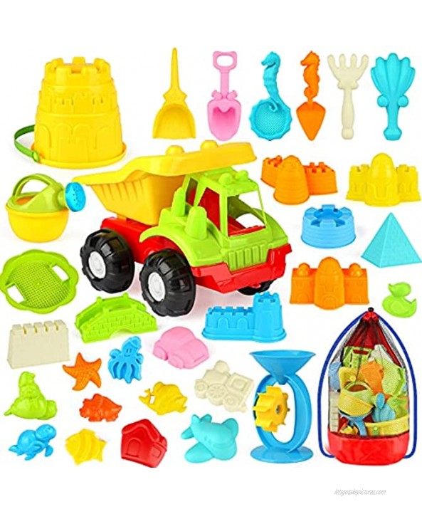 32PCS Kids Beach Toys Sand Toys Set with Water Wheel Dump Truck Bucket Shovels Rakes Watering Can Animal and Castle Sand Molds Summer Beach Tools Kit for Kids Toddlers with Mesh Backpack