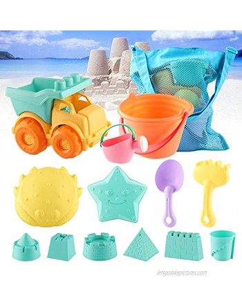 Beach Toys for Kids Toddler Boys Girls Sand Toys 14pcs Beach Toy Set with Mesh Bag Truck Bucket Watering Can Shovels Rakes Sand Castle Molds