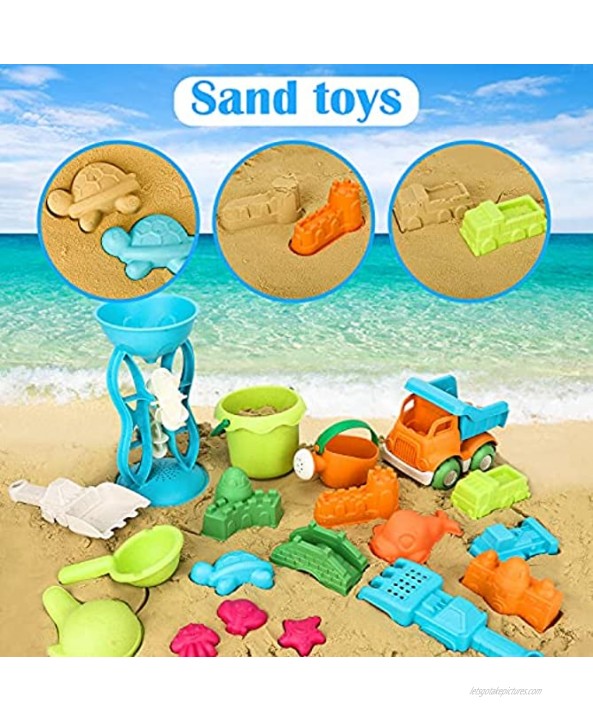 Beach Toys Set Wheat straw Sand Toys Bucket Shovel and Water Wheel Sand Molds 19pcs with Mesh Bag