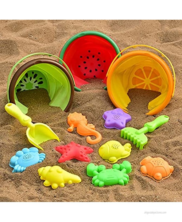FUN LITTLE TOYS 13 Pieces Foldable Beach Bucket Sand Toys Set Collapsible Bucket Summer Outdoor Camping and Fishing Tub with Sand Molds for Kids