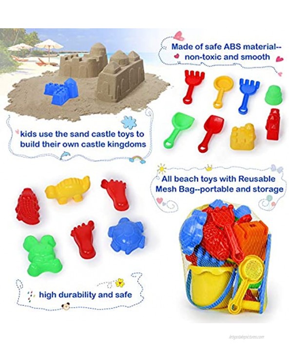 GUAGUAFUN Beach Toys 19 Pieces Sand Toys Set Sandbox Toys with Reusable Mesh Bag Includes Bucket Sifter Rakes Shovel Watering Can Animal and Castle Sand Molds for Kids 3-10