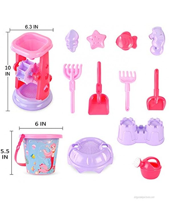 Liberty Imports Pink Princess Sand Wheel Beach Set Toy with Zippered Bag for Girls Includes Sand Sifter Mermaid Bucket Water Pot Play Tools and Molds 13 Pcs Playset