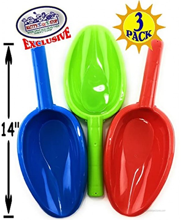 Matty's Toy Stop 14 Kids Long Handle Sand Scoop Plastic Shovels for Sand & Beach Red Blue & Green Complete Gift Set Bundle 3 Pack