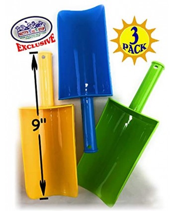 Matty's Toy Stop 9" Kids Short Handle Sand Scoop Plastic Shovels for Sand & Beach Yellow Blue & Green Gift Set Bundle 3 Pack