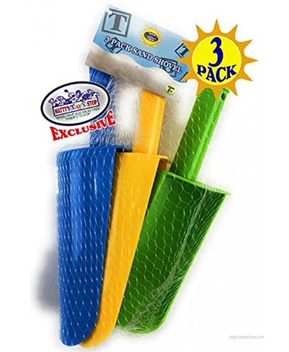 Matty's Toy Stop 9 Kids Short Handle Sand Scoop Plastic Shovels for Sand & Beach Yellow Blue & Green Gift Set Bundle 3 Pack