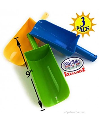 Matty's Toy Stop 9" Kids Short Handle Sand Scoop Plastic Shovels for Sand & Beach Yellow Blue & Green Gift Set Bundle 3 Pack