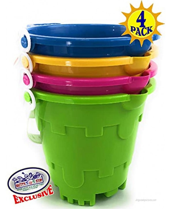 Matty's Toy Stop Beach Gear 7 Plastic Castle Mold Sand Buckets Pails with Easy Pour Spout and Handle Blue Pink Green & Yellow Party Set Bundle 4 Pack