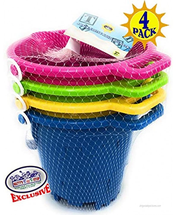 Matty's Toy Stop Beach Gear 7 Plastic Castle Mold Sand Buckets Pails with Easy Pour Spout and Handle Blue Pink Green & Yellow Party Set Bundle 4 Pack
