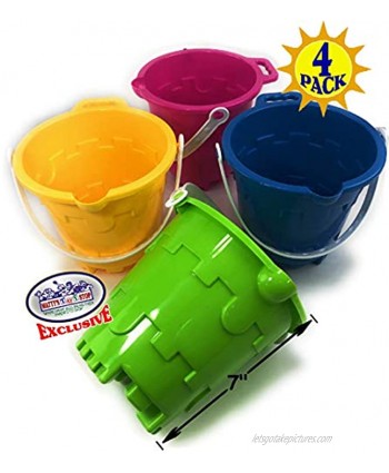 Matty's Toy Stop Beach Gear 7" Plastic Castle Mold Sand Buckets Pails with Easy Pour Spout and Handle Blue Pink Green & Yellow Party Set Bundle 4 Pack