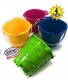 Matty's Toy Stop Beach Gear 7" Plastic Castle Mold Sand Buckets Pails with Easy Pour Spout and Handle Blue Pink Green & Yellow Party Set Bundle 4 Pack