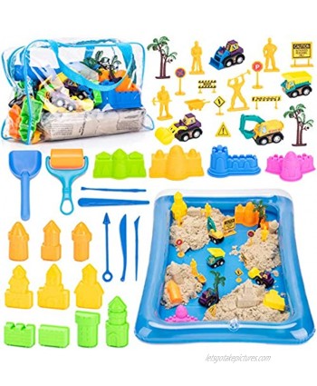 Play Sand Kit for Kids 3lbs All-Natural Sensory Sand Castle Sand Molds Tools Construction Trucks Road Signs Inflatable Tray and Storage Bag 43PCS Sandbox Toys Set for Toddlers Kids