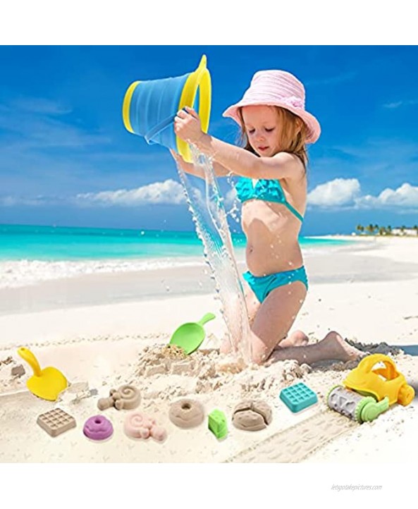 RWWXII Collapsible Sand Bucket Set 9 PCS Sand Toys Set Foldable Pail Beach Bucket Sand Molds and Kids Beach Mesh Bag
